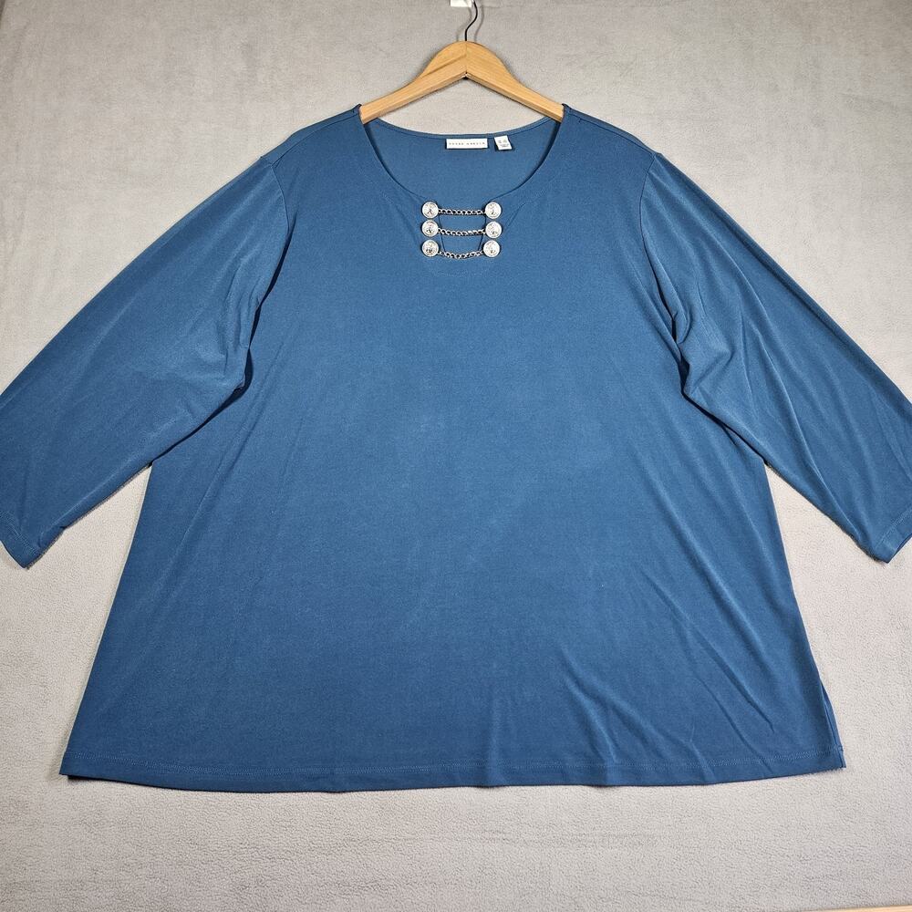 Susan Graver Liquid Knit Tunic Women 3x Blue Metal Accent Neck Top Blouse Career